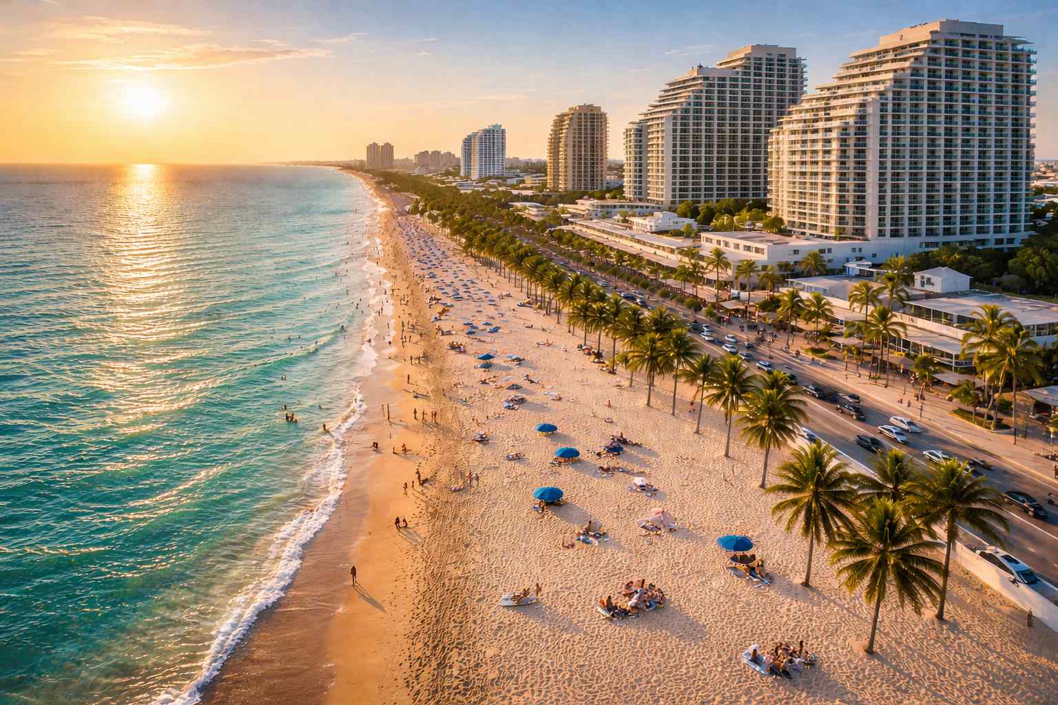 Aerial drone view of Fort Lauderdale beach, oceanfront hotels, and palm trees at sunset
