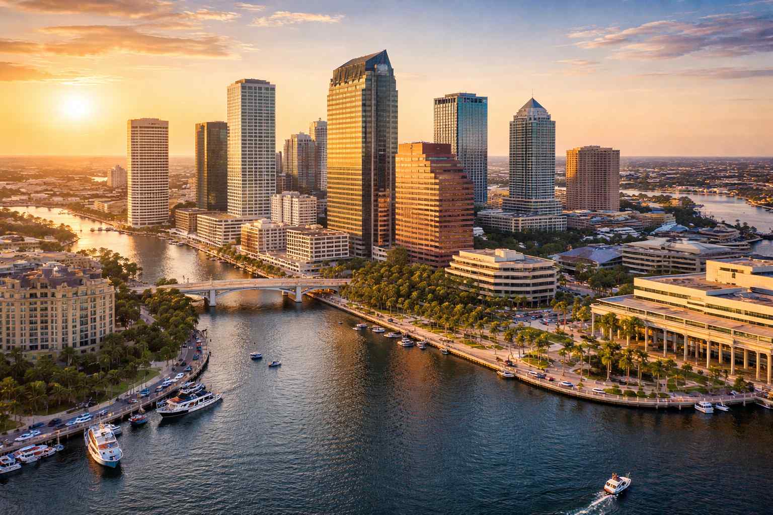 Aerial drone view of the Tampa skyline and waterfront at golden hour