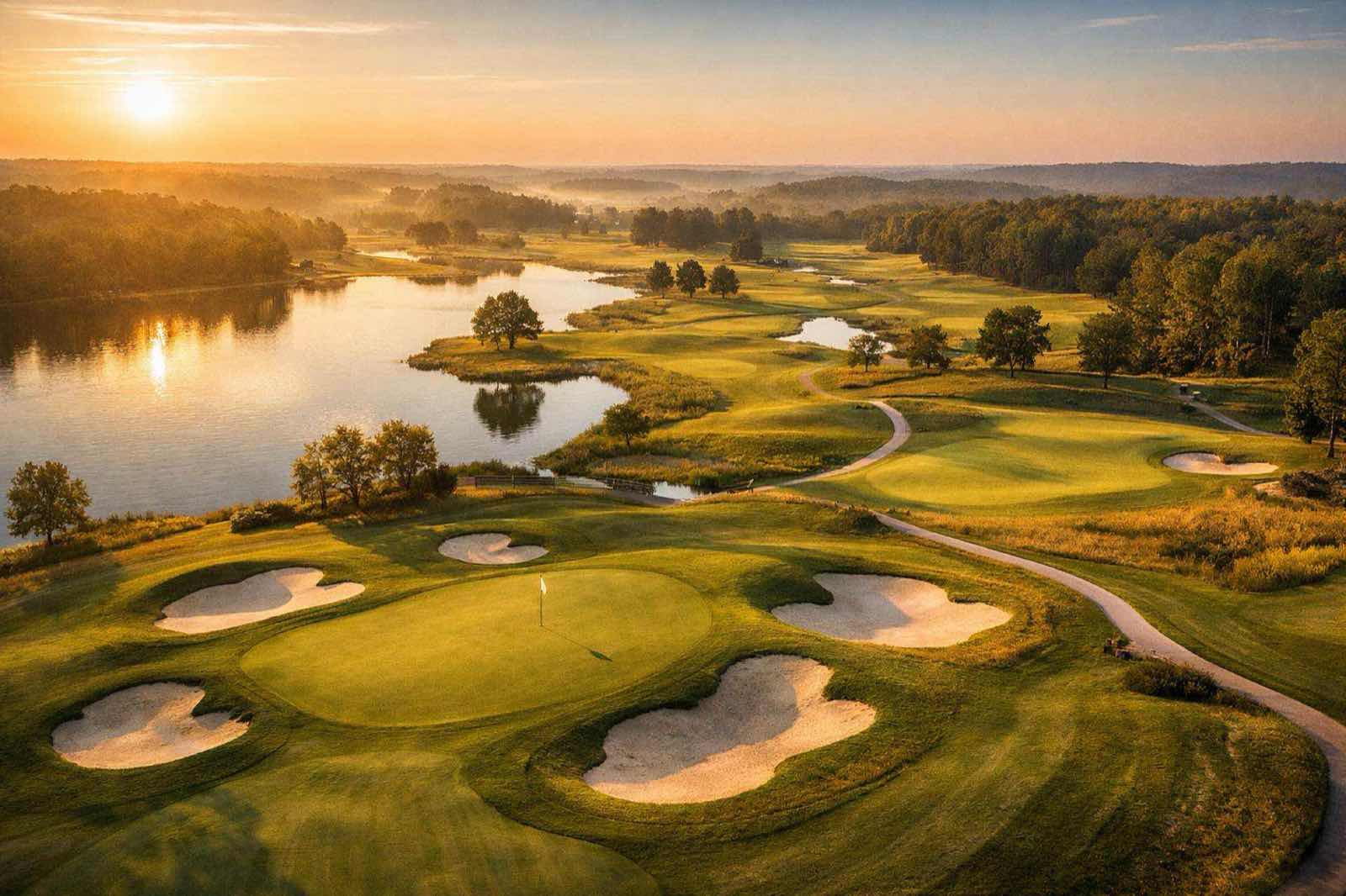 Aerial drone view of a championship golf course with manicured fairways and sand bunkers at sunrise